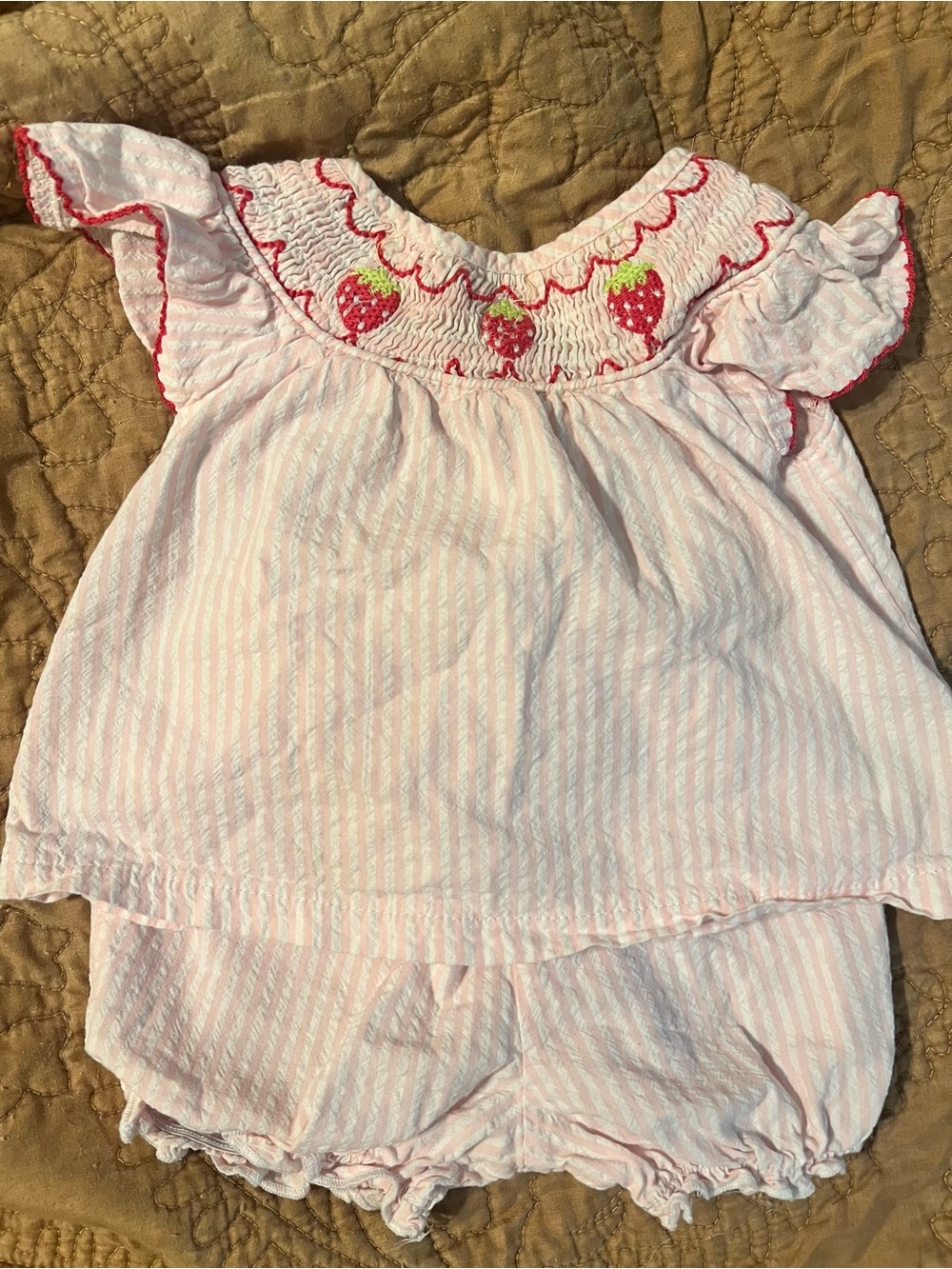 Pink Strawberry Smocked Baby Top & Bloomers Set 3mon